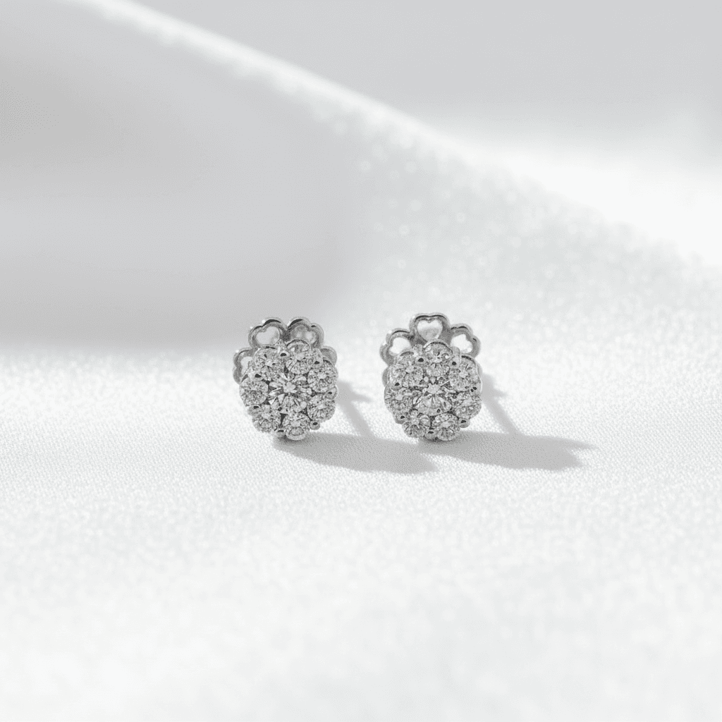 Classic Seven Stone Diamond Flower Cluster Stud Earrings — E095