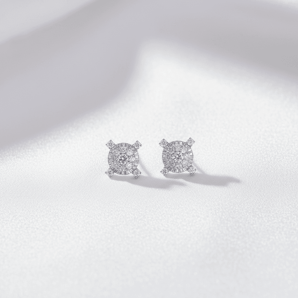 Baguette Halo Cluster Diamond Stud Earrings — E104