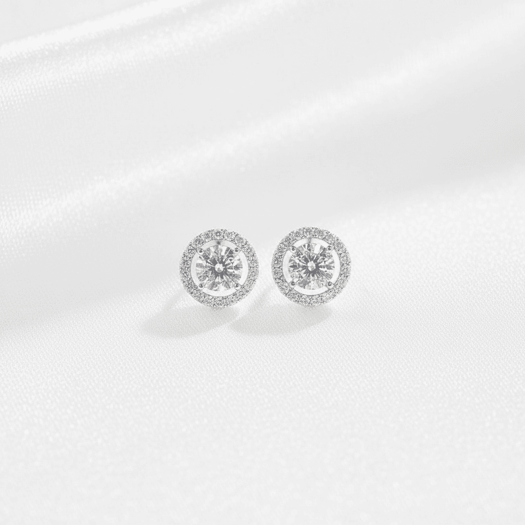 Double Halo Round Diamond Stud Earrings — E110