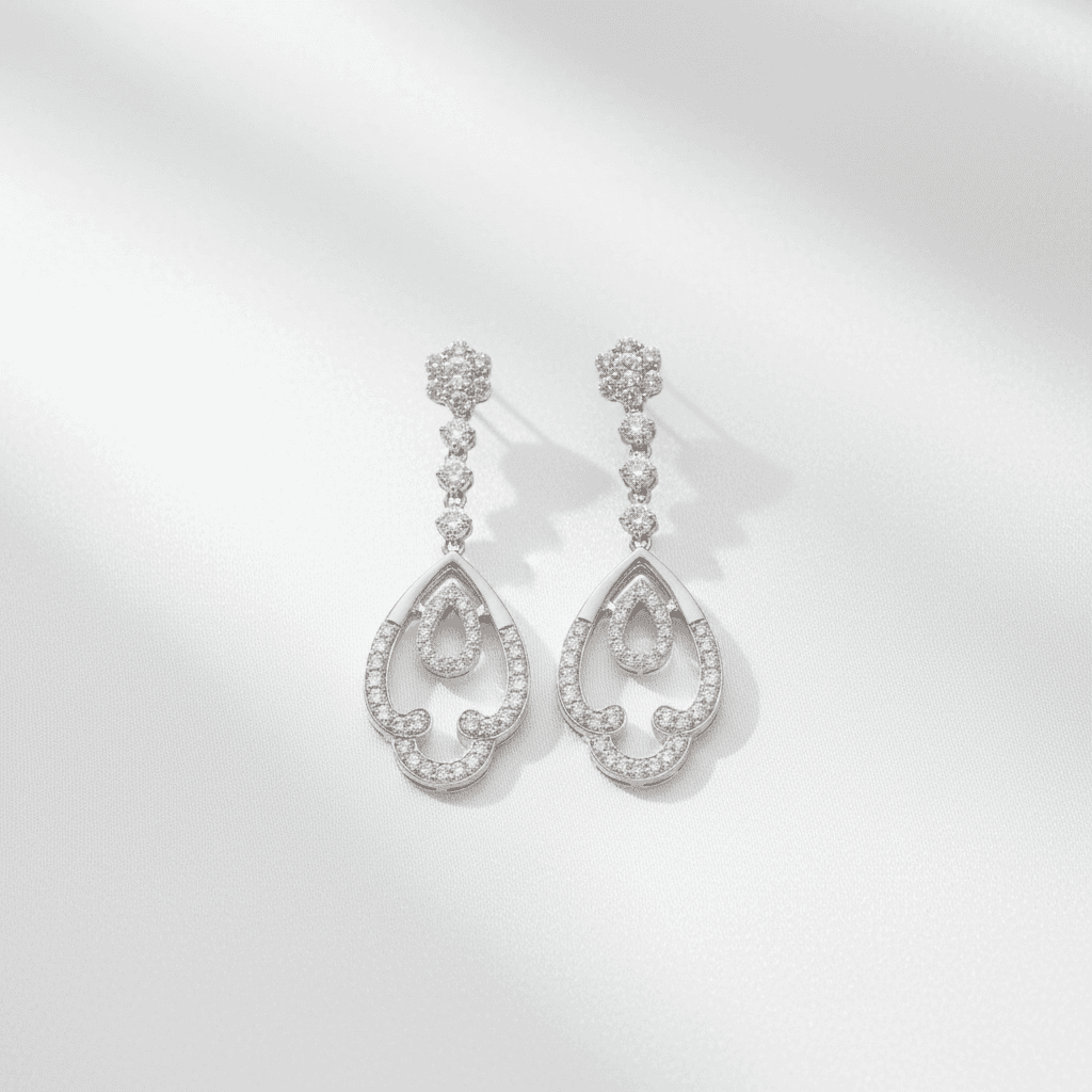 Flower Top Open Teardrop Scroll Diamond Drop Earrings — E113