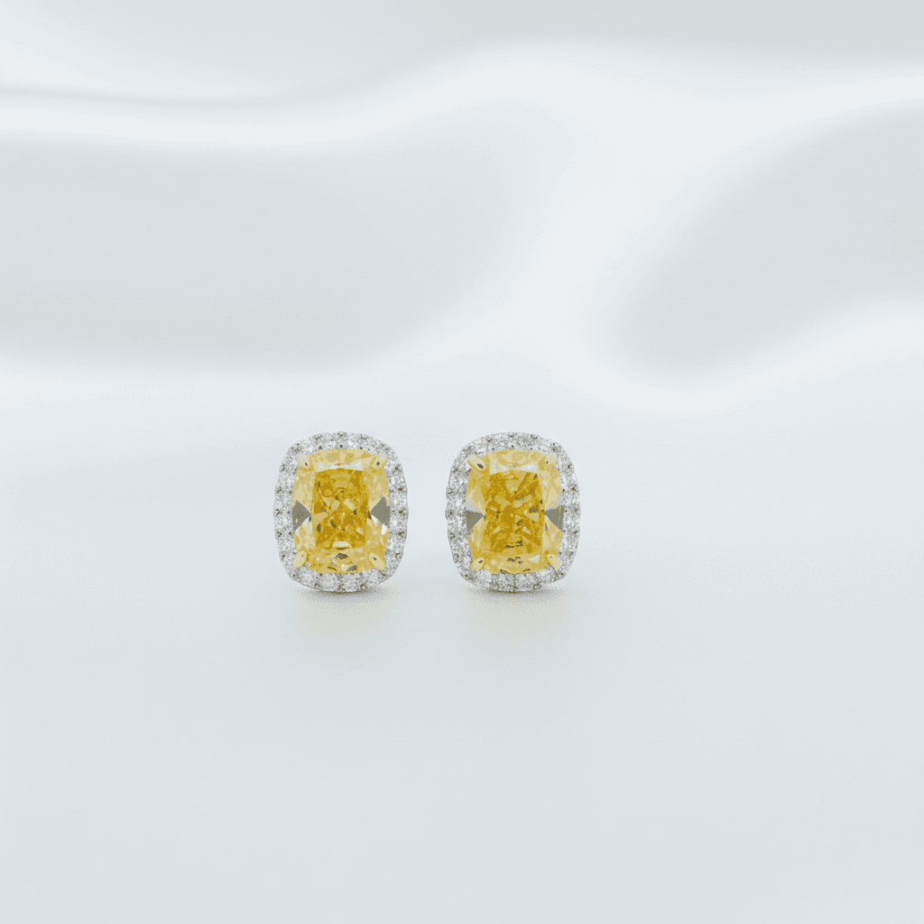 Yellow Diamond Cushion Halo Stud Earrings — E128