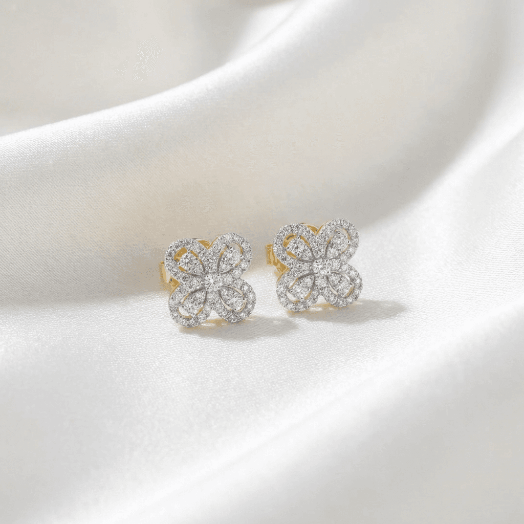 Four Petal Butterfly Diamond Cluster Stud Earrings — E130