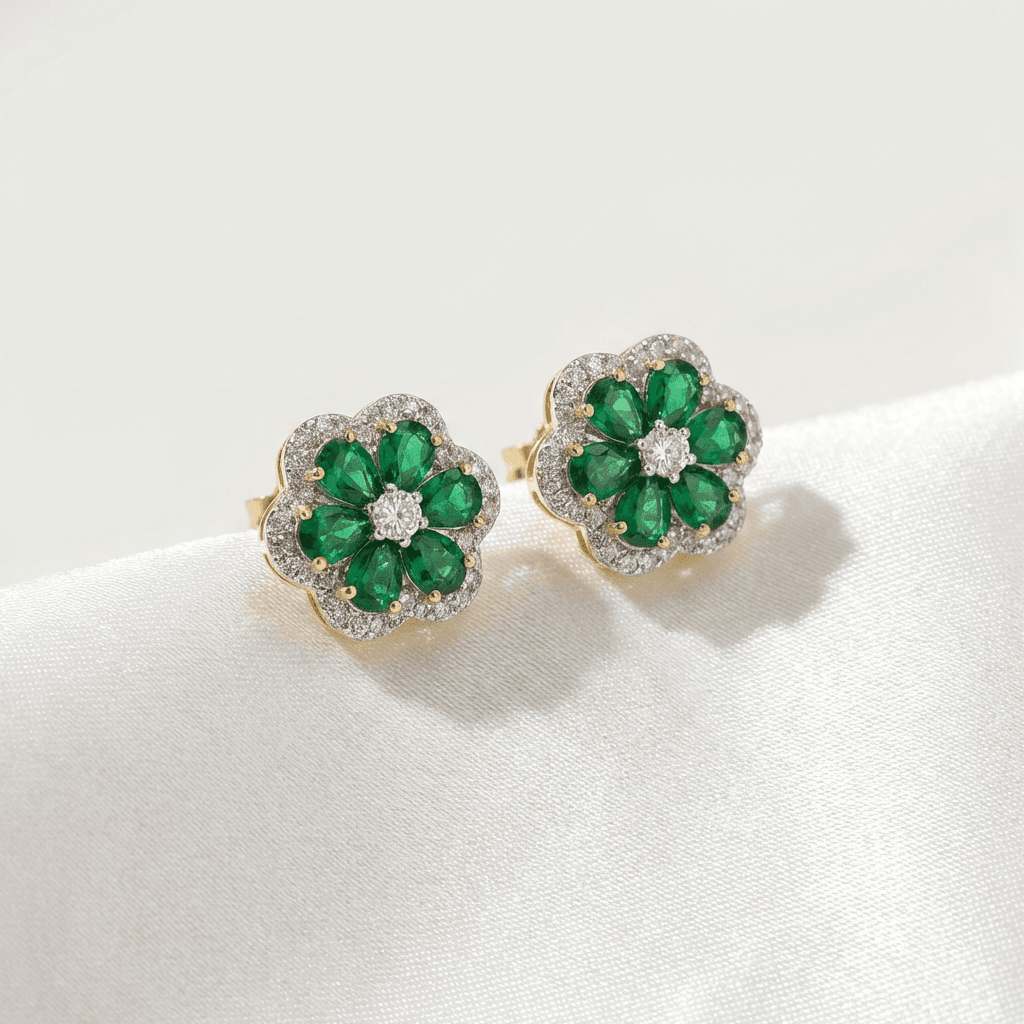 Emerald Flower Diamond Halo Stud Earrings — E134