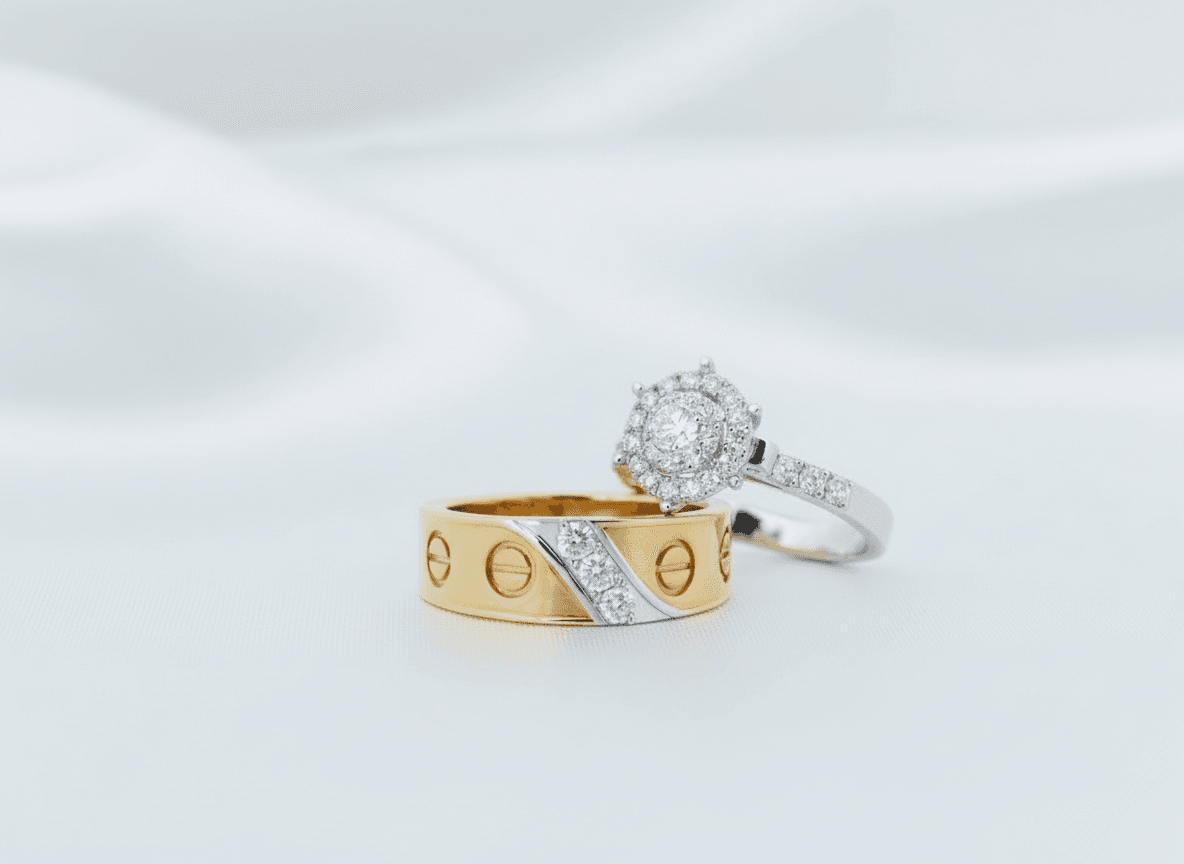 Yellow Gold Love Ring & Halo Diamond Couple Rings (ER0039)
