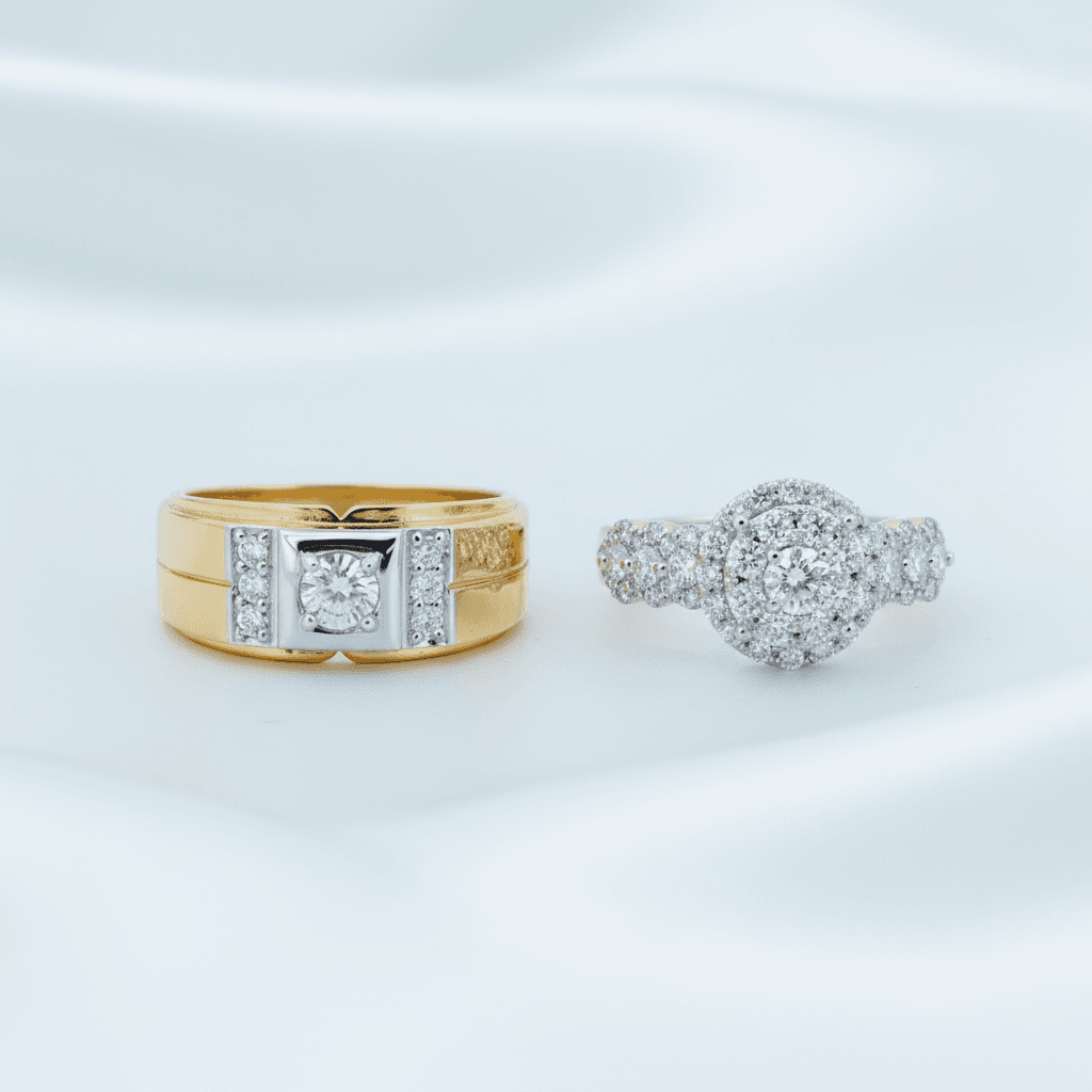 Triple Halo Diamond Couple Rings