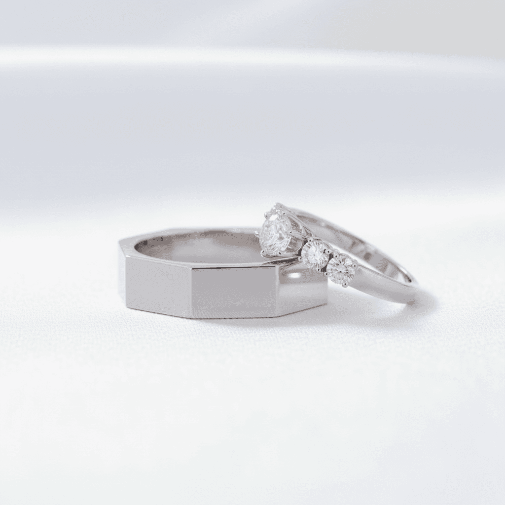 White Gold Hexagonal Couple Rings — ER008