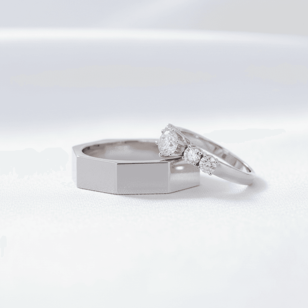 White Gold Hexagonal Couple Rings