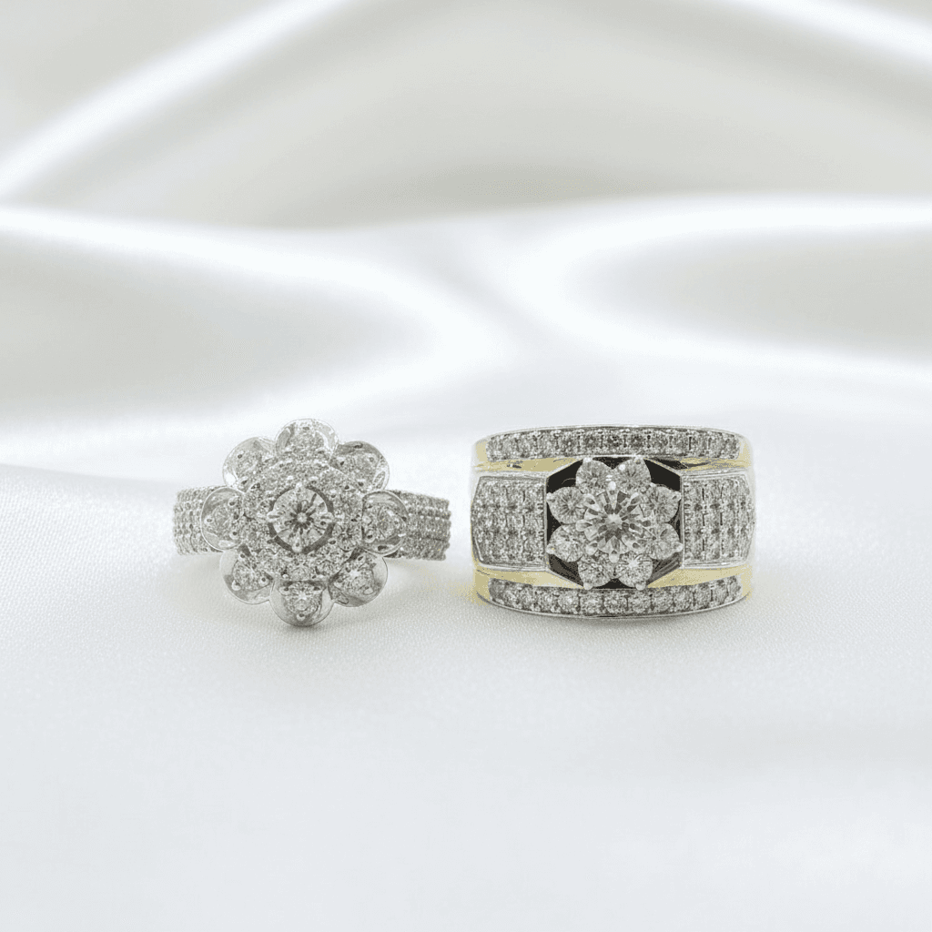 Flower Cluster Diamond Couple Rings Set — ER012