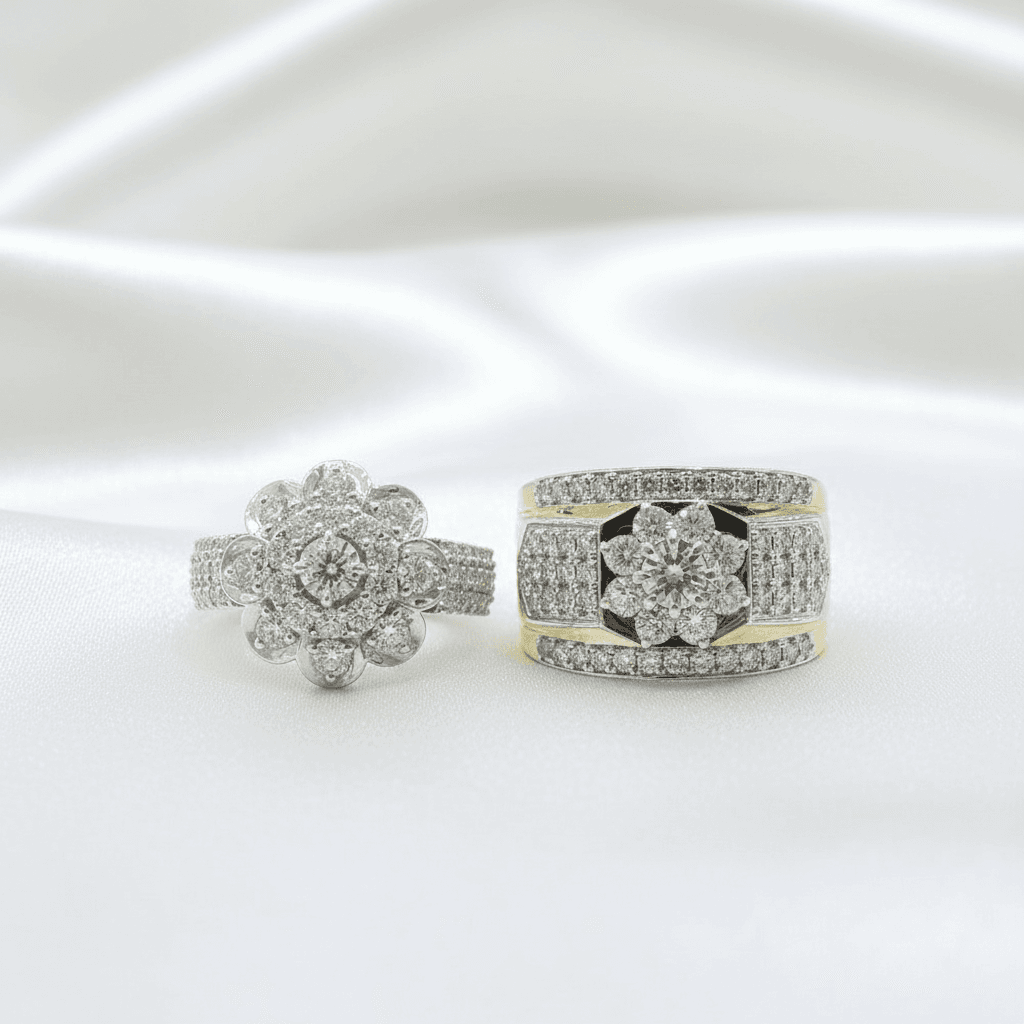 Flower Cluster Diamond Couple Rings Set