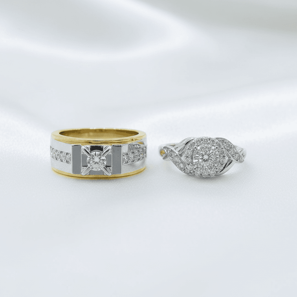 Two-Tone Twisted Halo Diamond Couple Rings — ER014