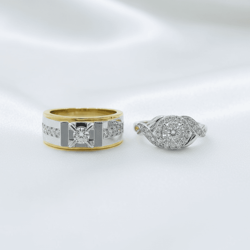 Two-Tone Twisted Halo Diamond Couple Rings