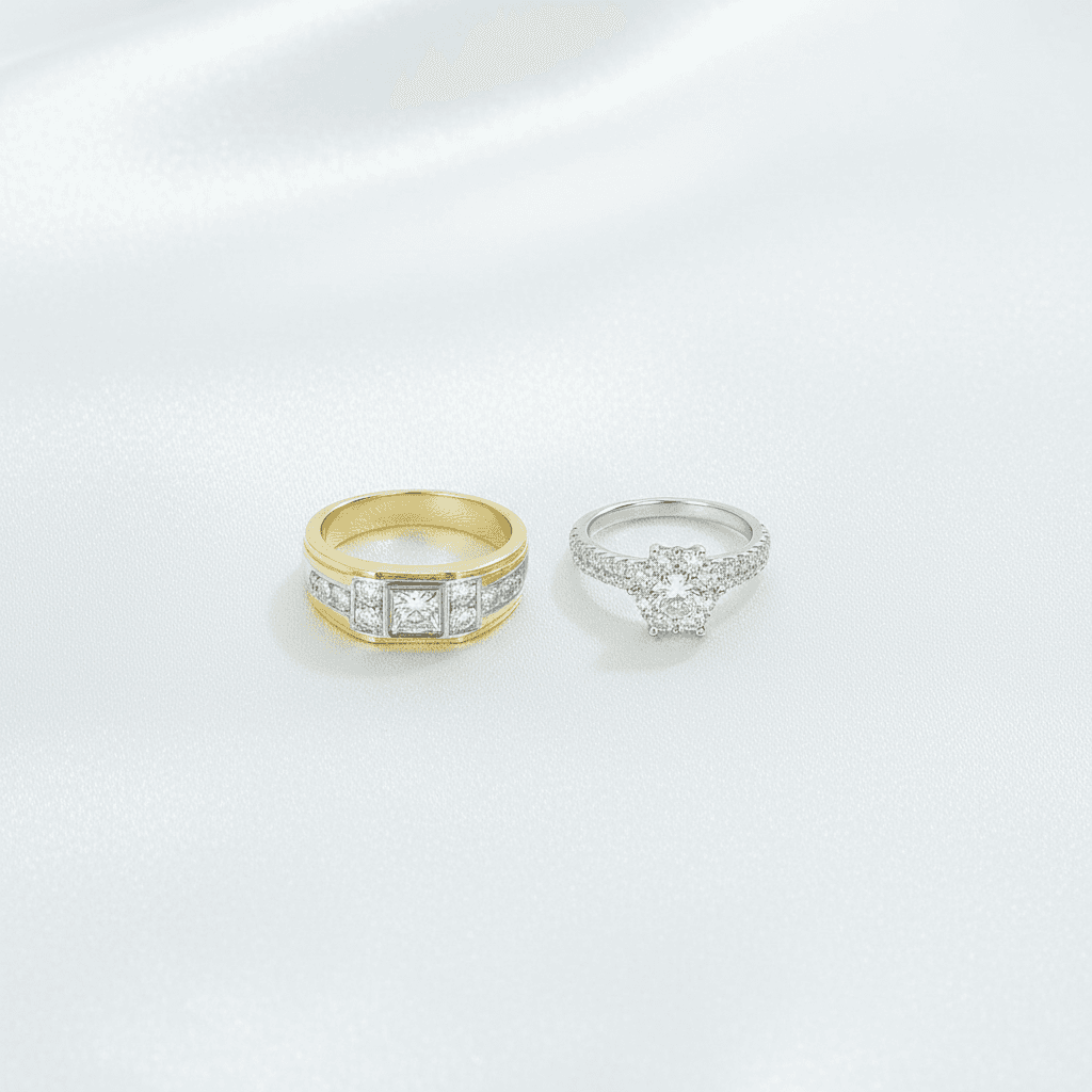 Square Diamond Band & Flower Cluster Couple Rings — ER016