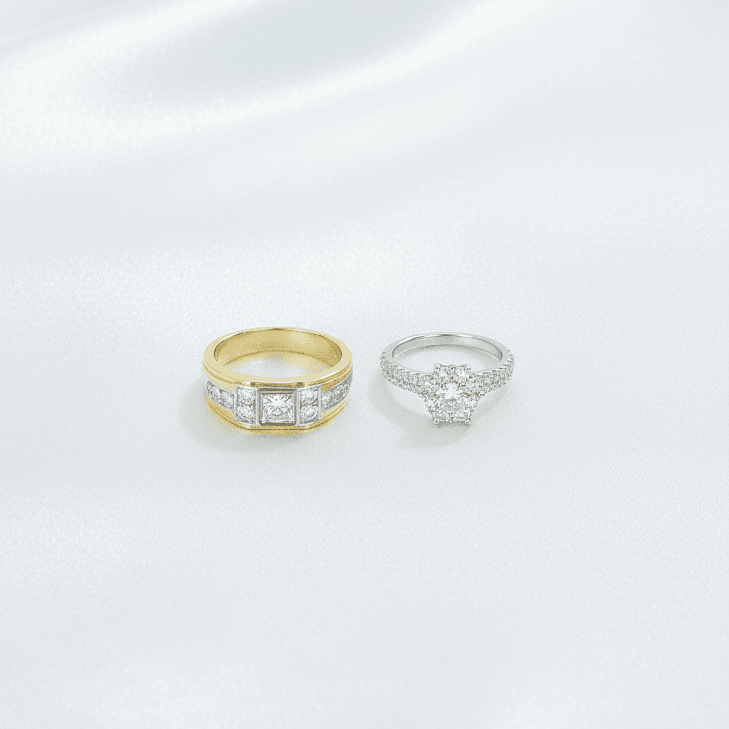 Square Diamond Band & Flower Cluster Couple Rings