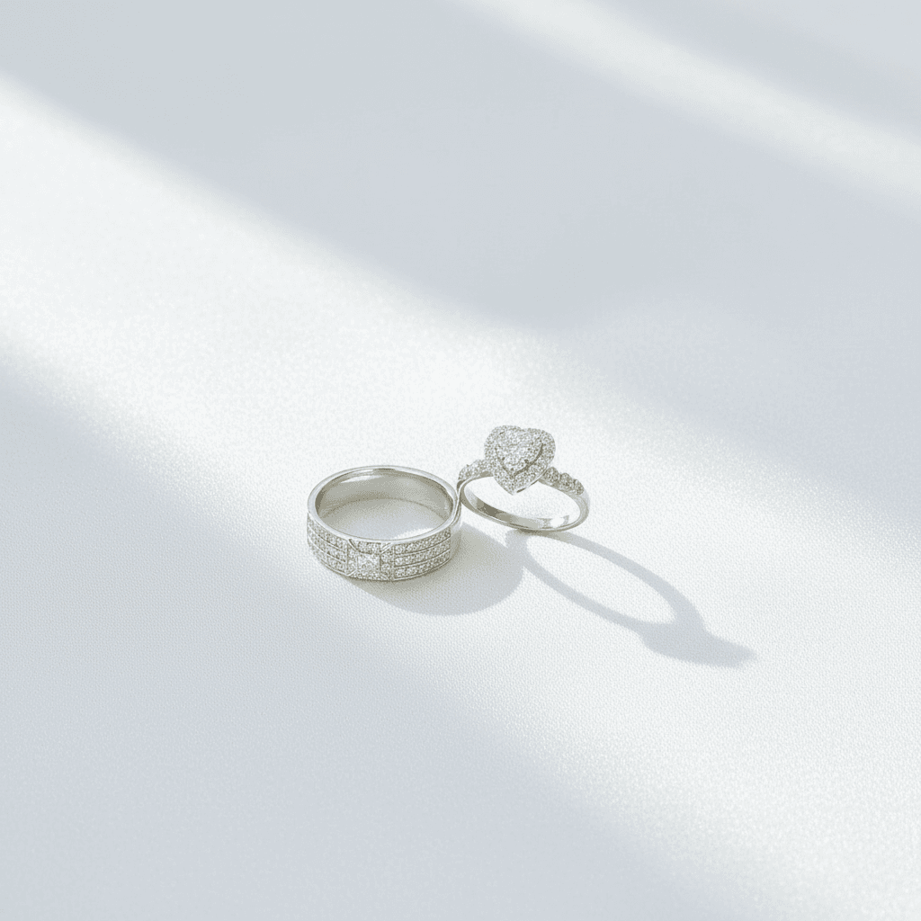 Wide Pavé Band & Heart Cluster Halo Couple Rings — ER017