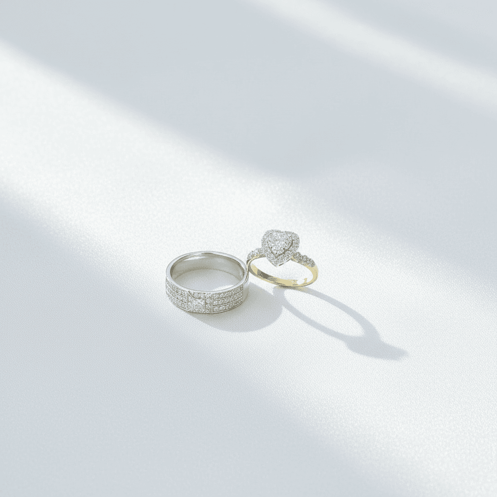 Wide Pavé Band & Heart Cluster Halo Couple Rings