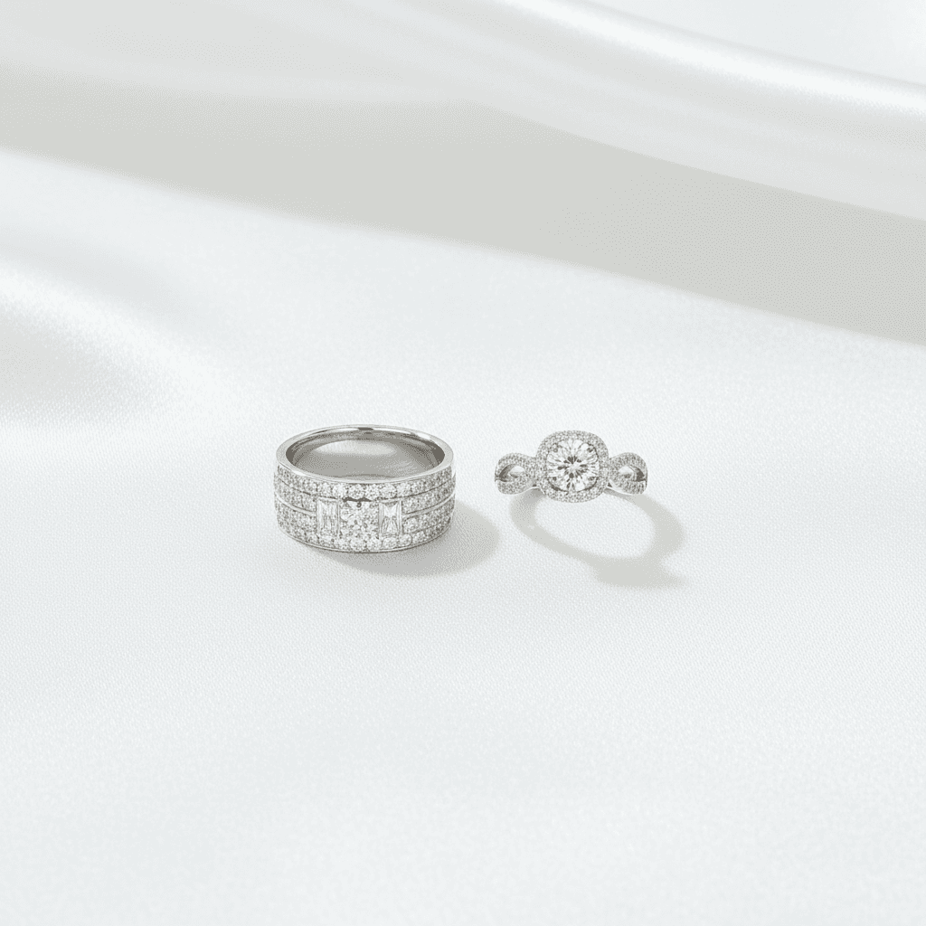 Princess Pavé Band & Round Halo Twist Couple Rings — ER018