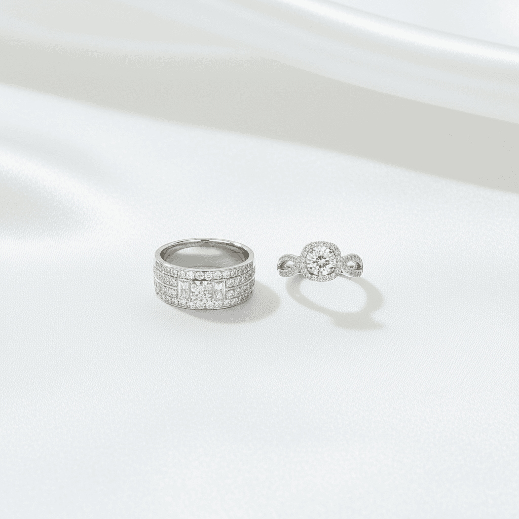 Princess Pavé Band & Round Halo Twist Couple Rings