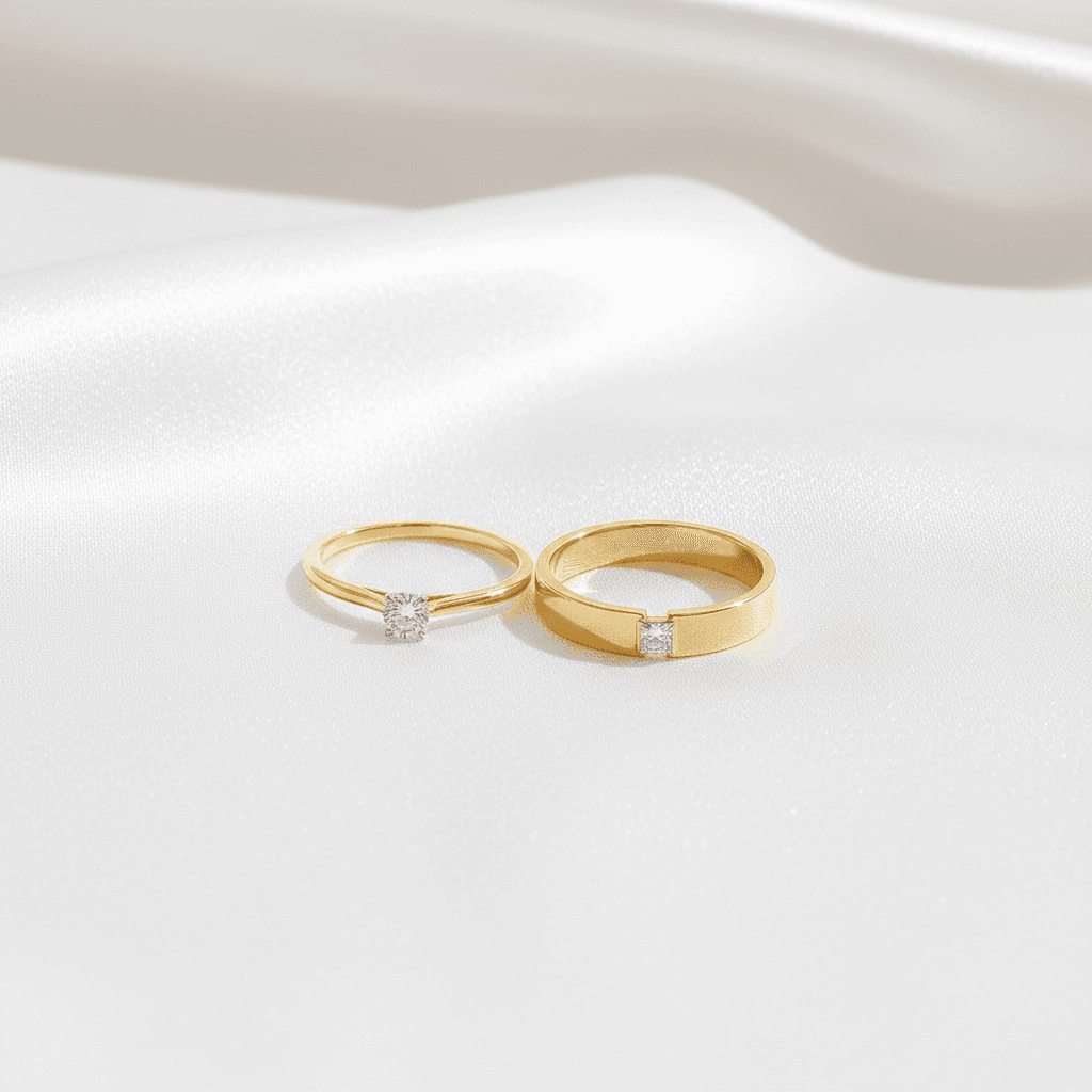 Yellow Gold Solitaire & Square Diamond Band Couple Rings — ER019
