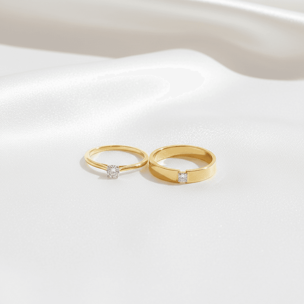 Yellow Gold Solitaire & Square Diamond Band Couple Rings
