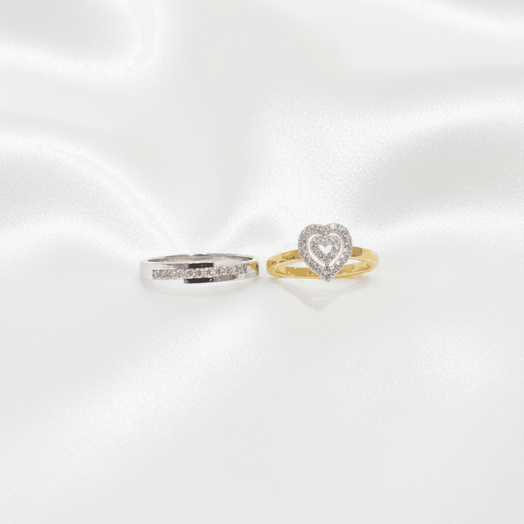 Open Heart & Flat Band Diamond Couple Rings