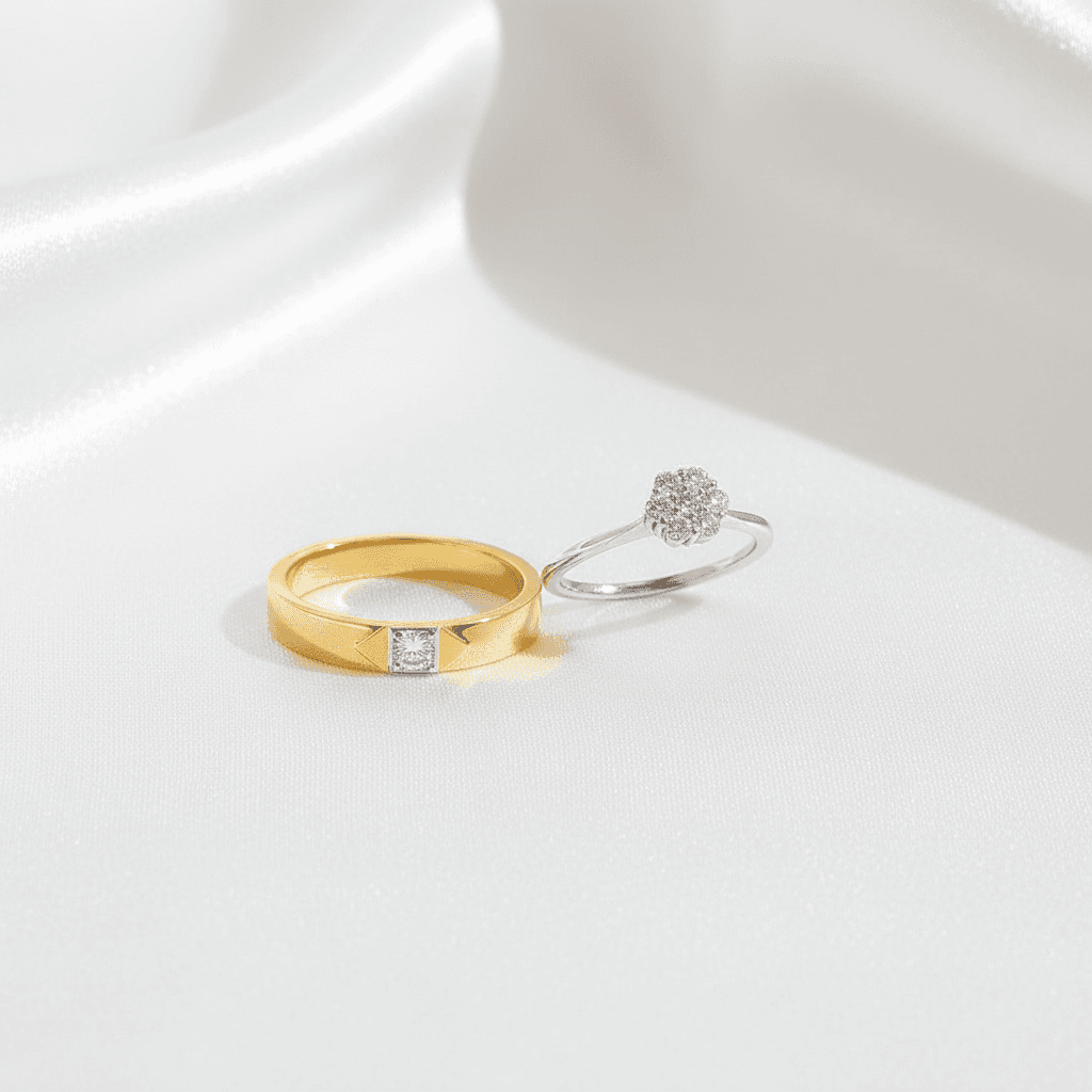 Flower Cluster & Square Diamond Band Couple Rings — ER022