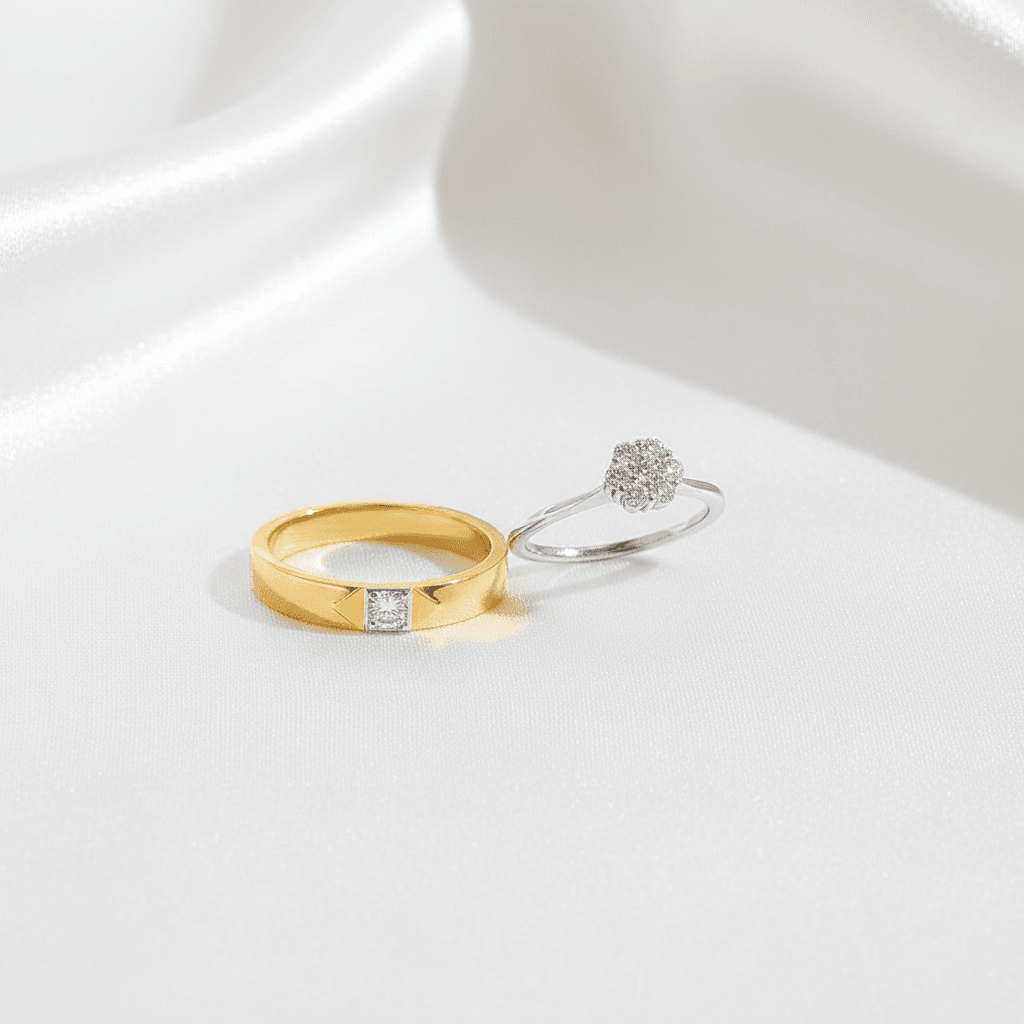 Flower Cluster & Square Diamond Band Couple Rings
