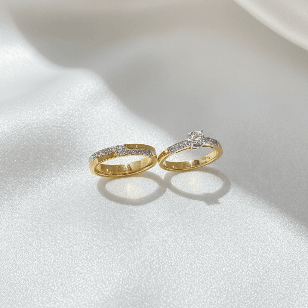 Pavé Band & Solitaire Shoulder Diamond Couple Rings