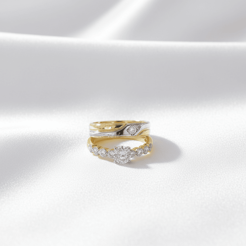 Leaf Band & Diamond Cluster Row Couple Rings — ER026