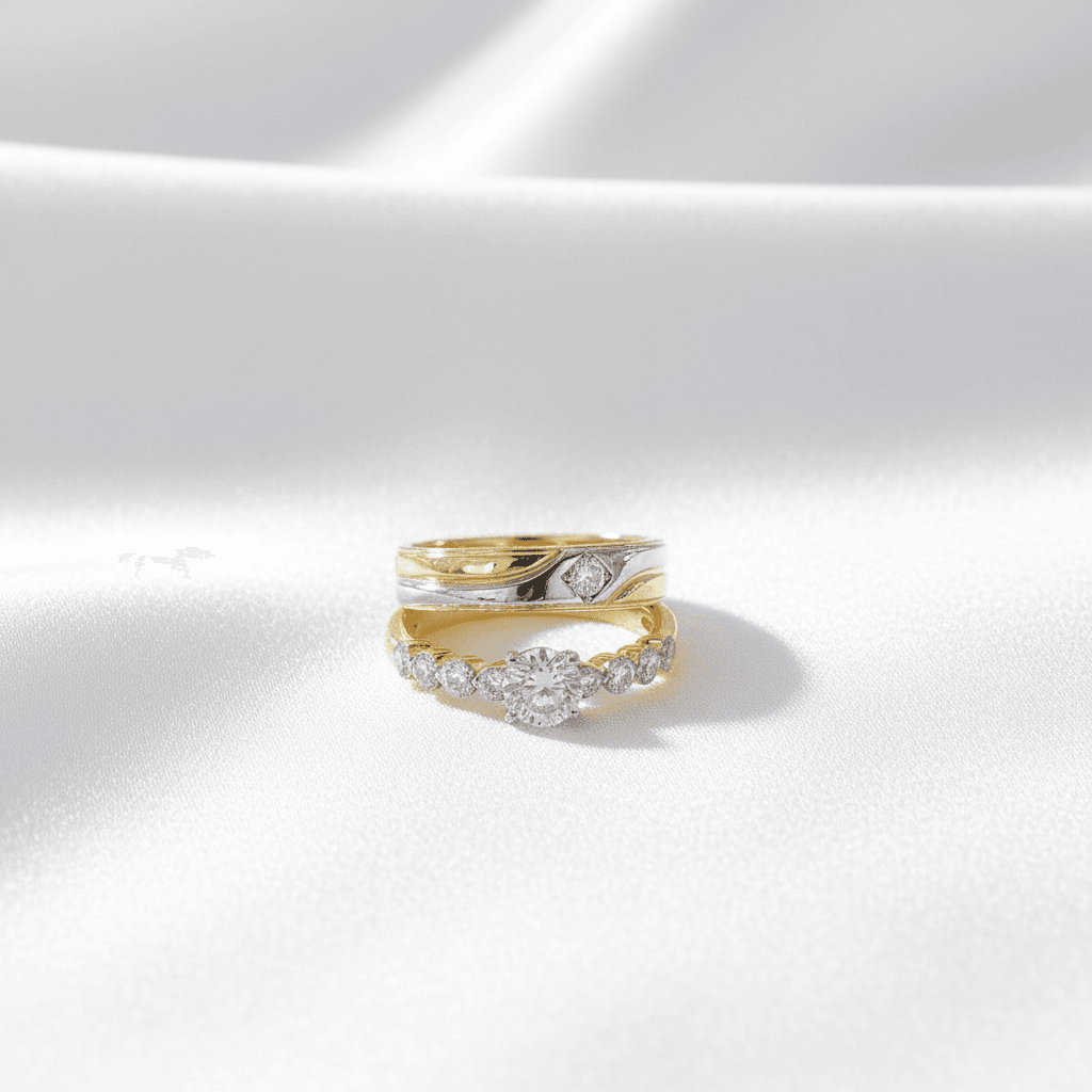 Leaf Band & Diamond Cluster Row Couple Rings