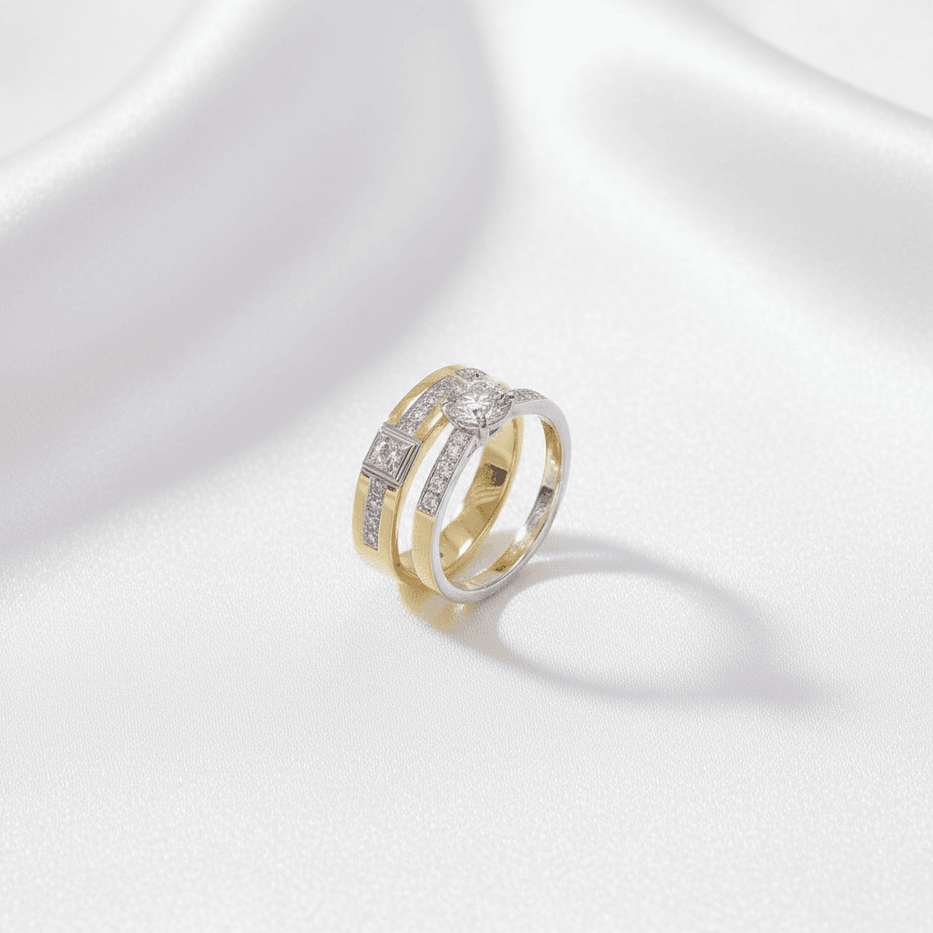 Square Pavé Band & Solitaire Couple Rings