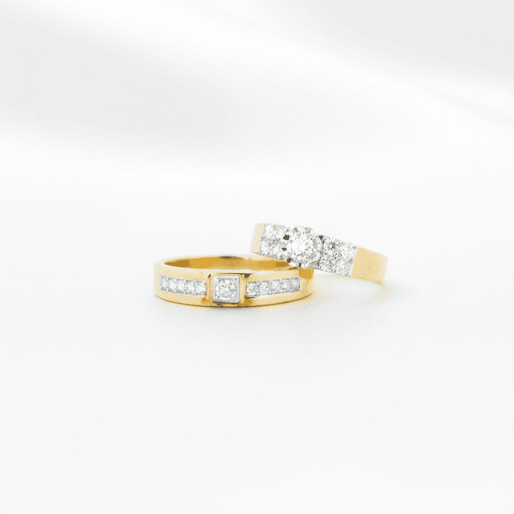 Two-Tone Channel Diamond Band & Solitaire Couple Rings — ER031