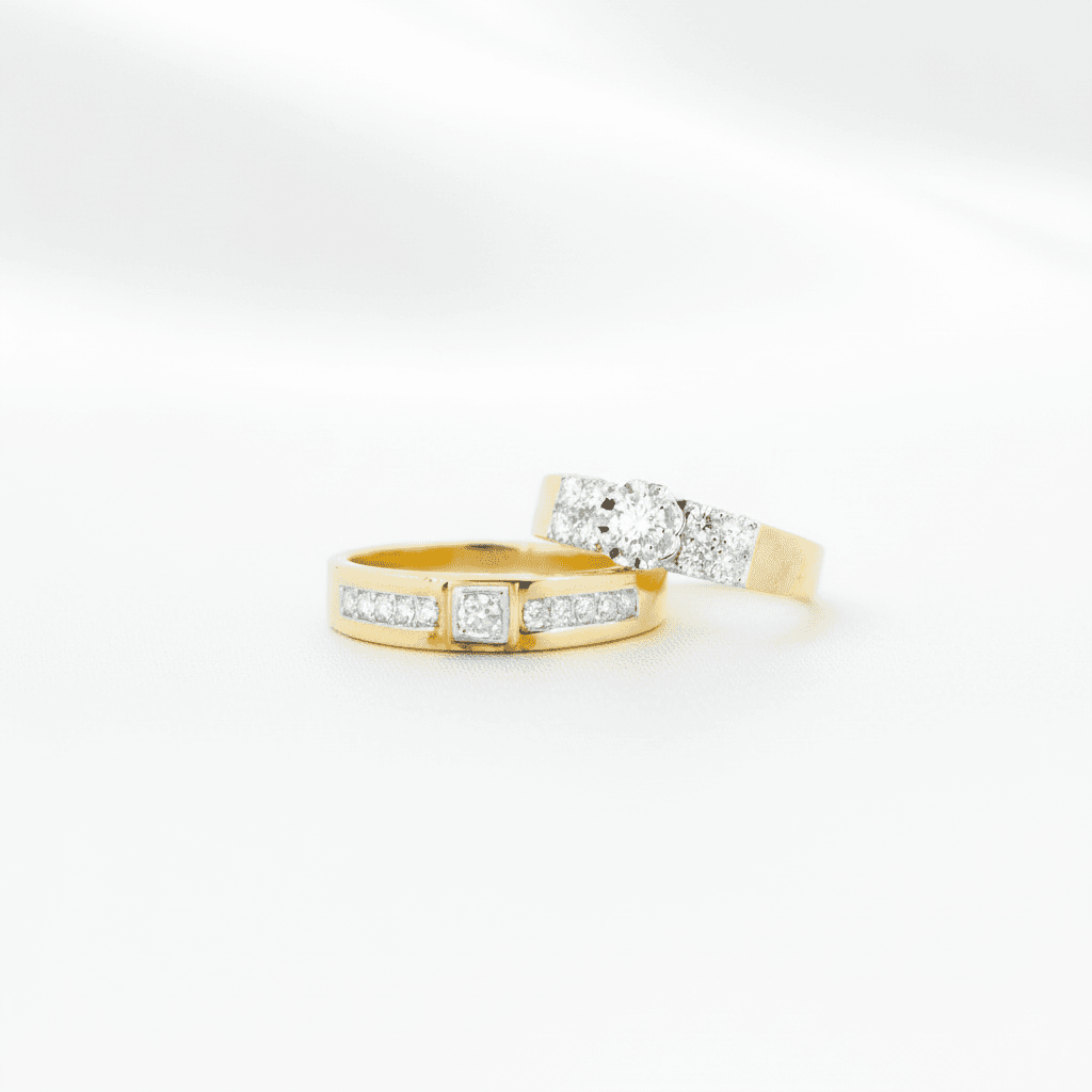 Two-Tone Channel Diamond Band & Solitaire Couple Rings