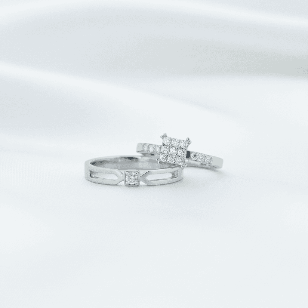 White Gold Geometric Cutout Band & Square Cluster Couple Rings