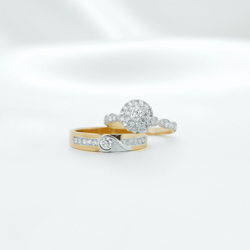 Two-Tone Channel Band & Round Cluster Halo Couple Rings