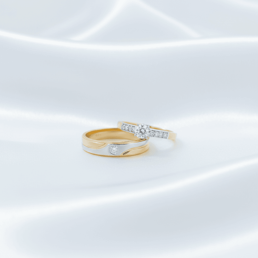 Two-Tone Solitaire & Bezel Diamond Couple Rings (ER034)