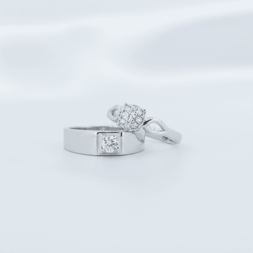White Gold Cluster & Square Bezel Diamond Couple Rings (ER036)