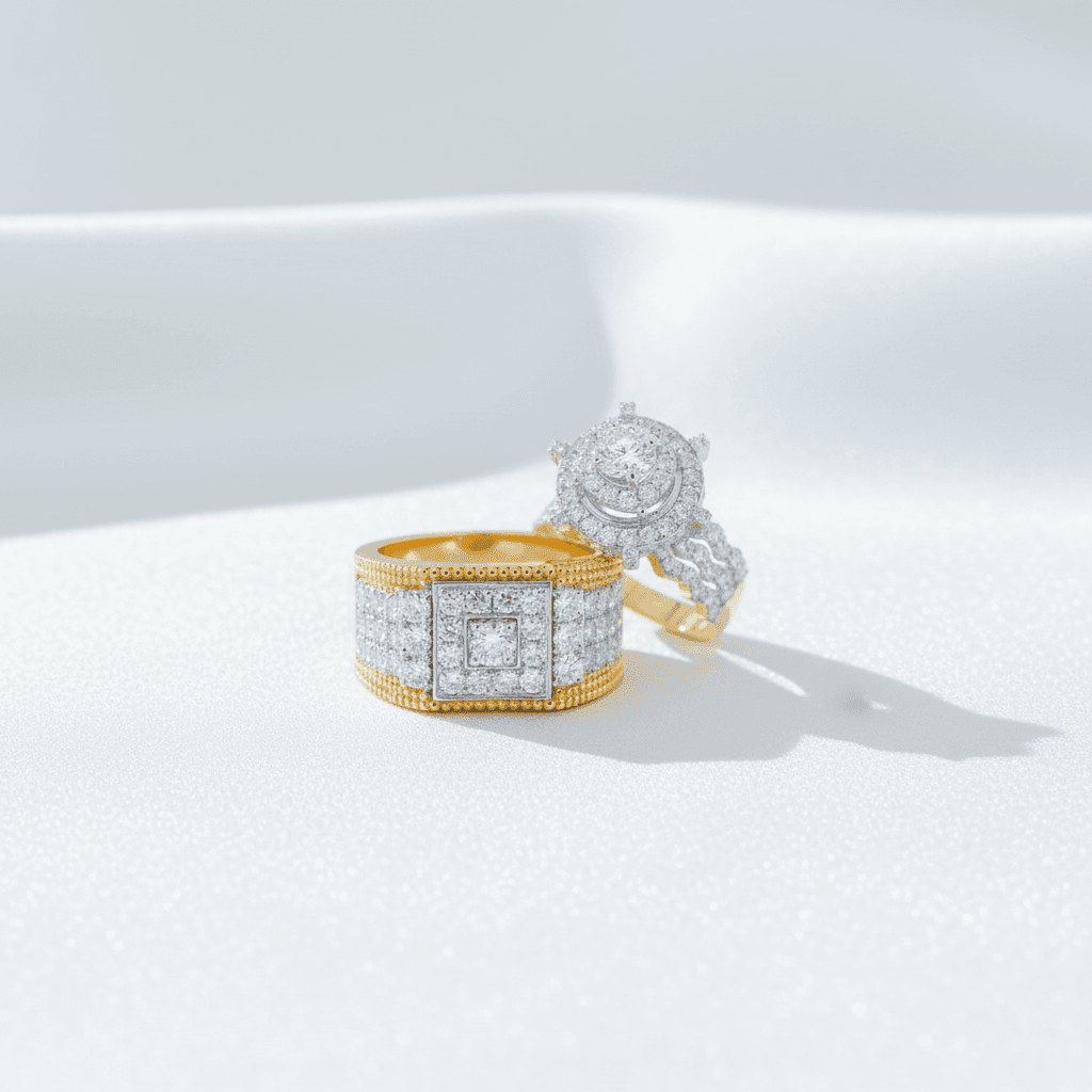 Two-Tone Square Cluster & Double Halo Couple Rings