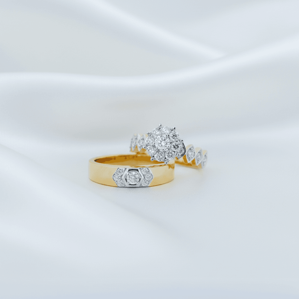 Gold Band & Flower Cluster Diamond Couple Rings