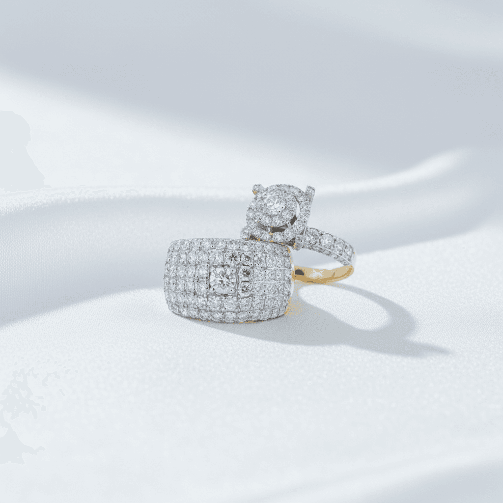 Full Pave Wide Band & Round Halo Couple Rings — ER042