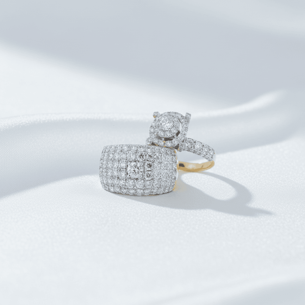 Full Pave Wide Band & Round Halo Couple Rings