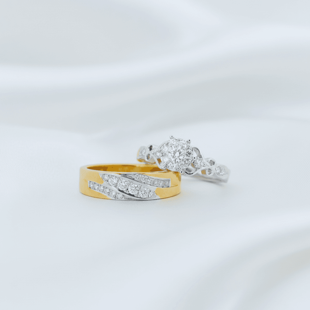 Two-Tone Diagonal Diamond Band & Flower Cluster Halo Couple Rings