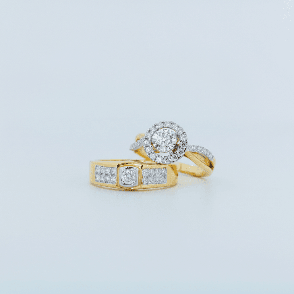 Square Cluster Band & Round Halo Diamond Couple Rings