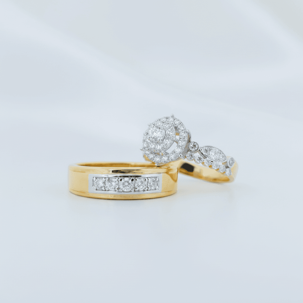 Channel Diamond Band & Floral Marquise Halo Couple Rings