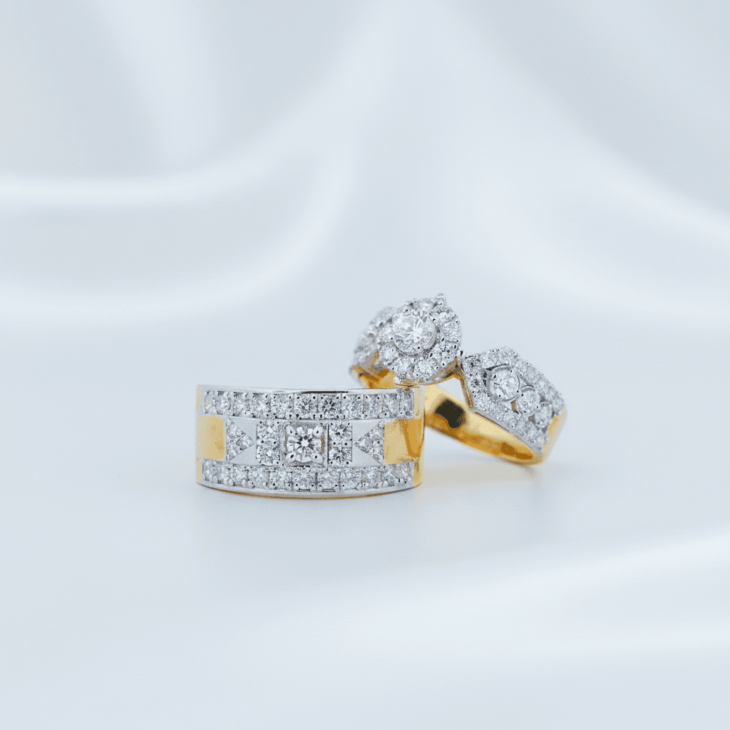 Geometric Pavé Band & Round Halo Diamond Couple Rings