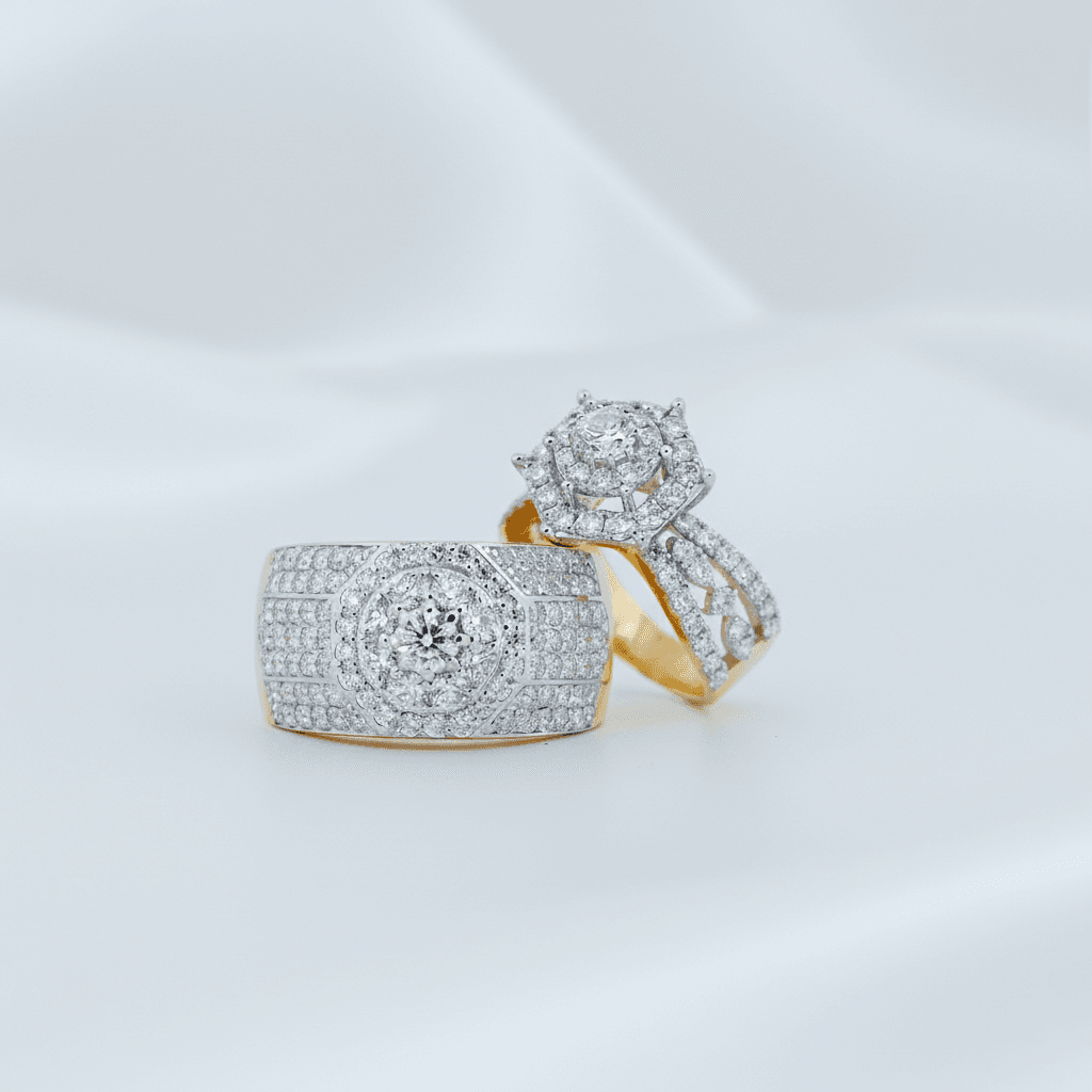 Full Pavé Wide Band & Elaborate Halo Diamond Couple Rings — ER047