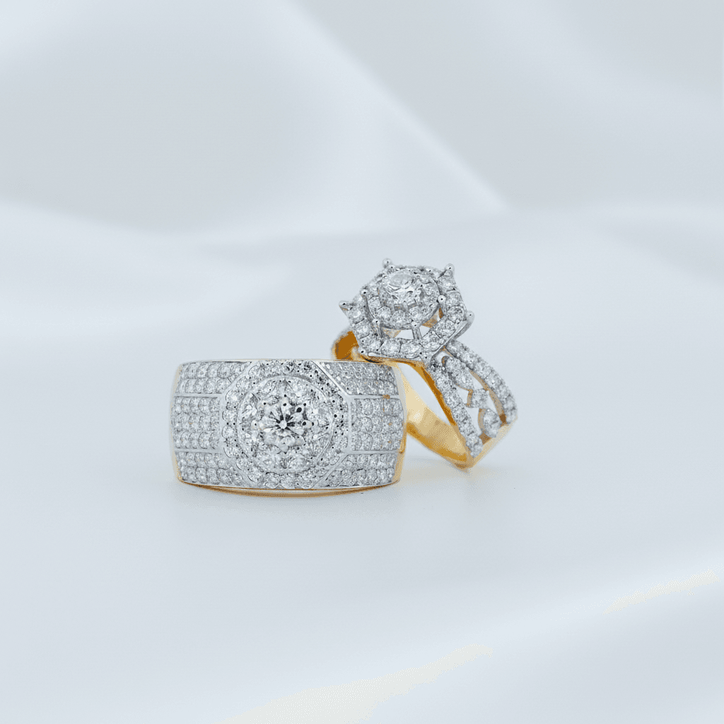 Full Pavé Wide Band & Elaborate Halo Diamond Couple Rings