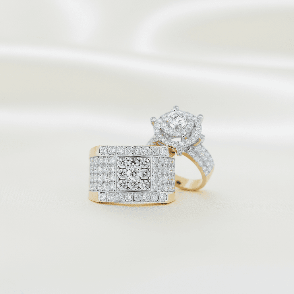 Square Cluster Band & Round Halo Solitaire Diamond Couple Rings — ER048