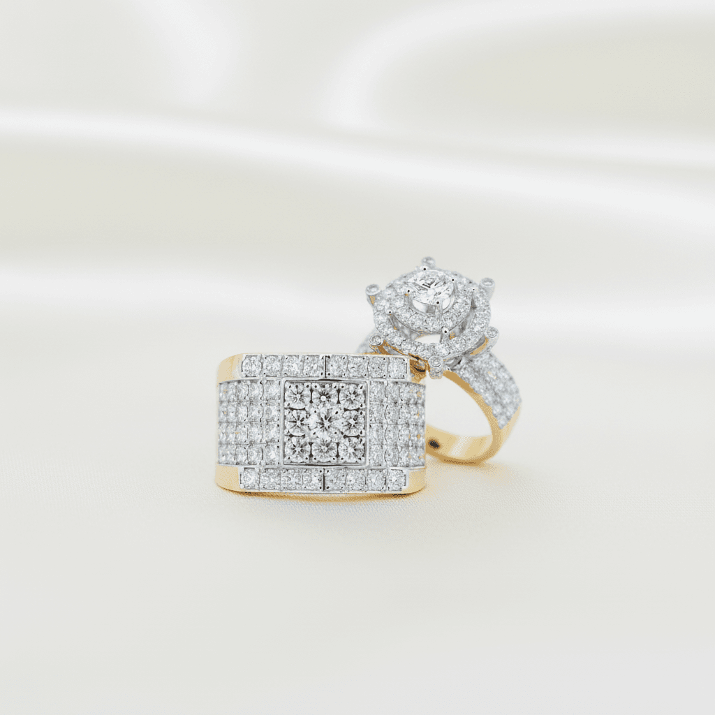 Square Cluster Band & Round Halo Solitaire Diamond Couple Rings