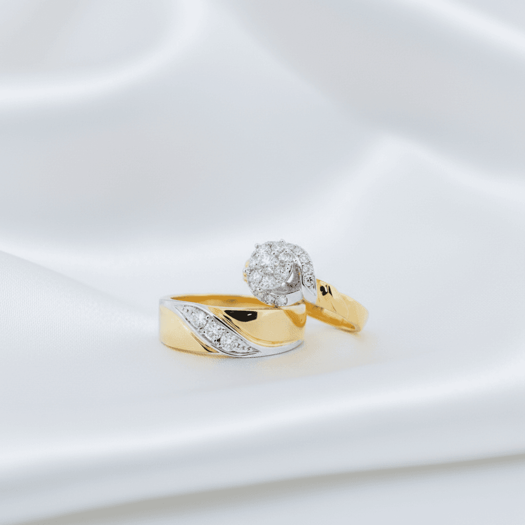Two-Tone Diagonal Diamond & Flower Cluster Halo Couple Rings — ER049