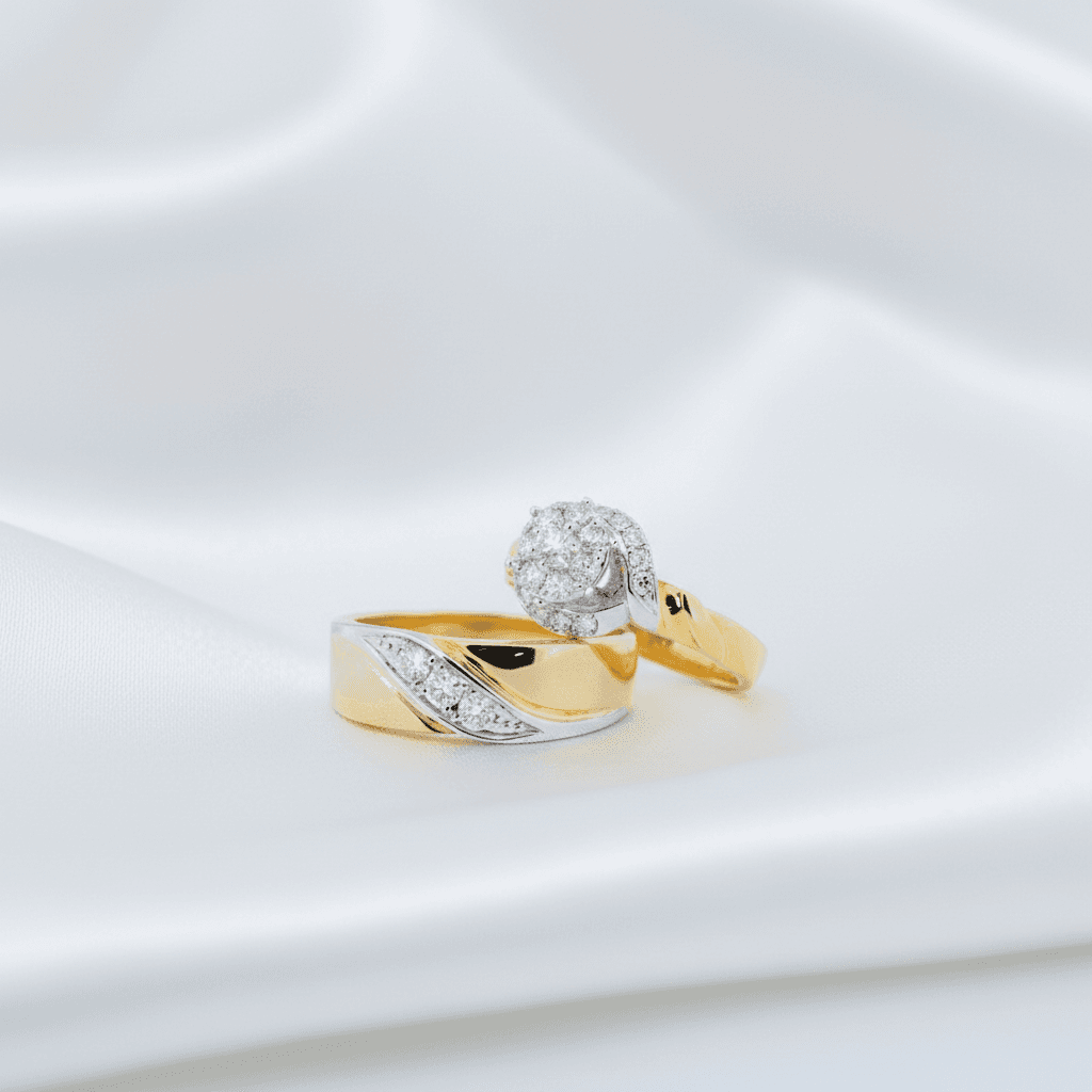 Two-Tone Diagonal Diamond & Flower Cluster Halo Couple Rings